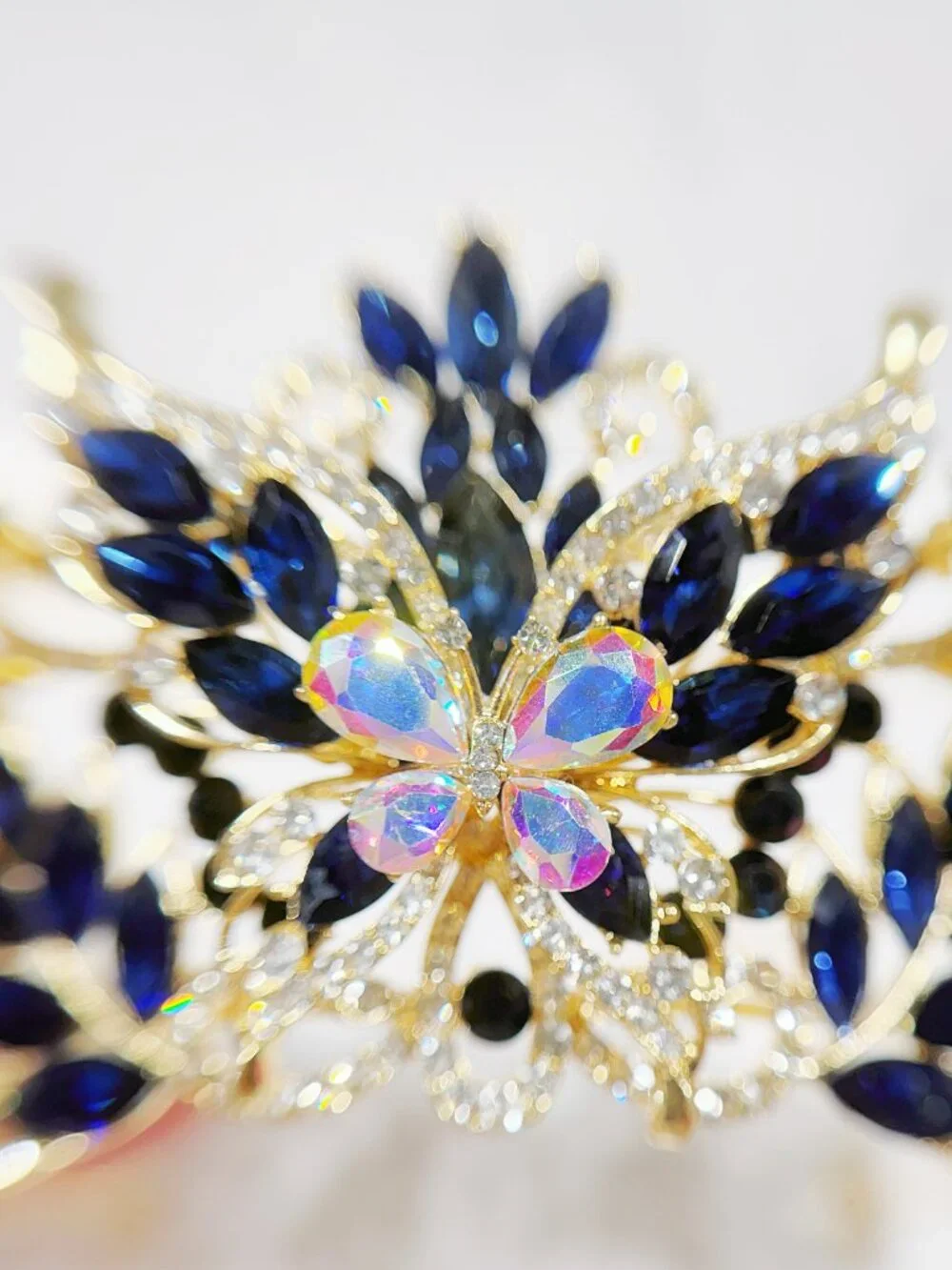 Navy Blue Crystal Butterfly Tiara Crown Gold Tone Pageant Prom Wedding Headpiece